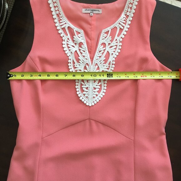 Sharagano Noir Peach Salmon Crochet Lace Collar Sheath Crepe Suit Dress 12 - Picture 4 of 10